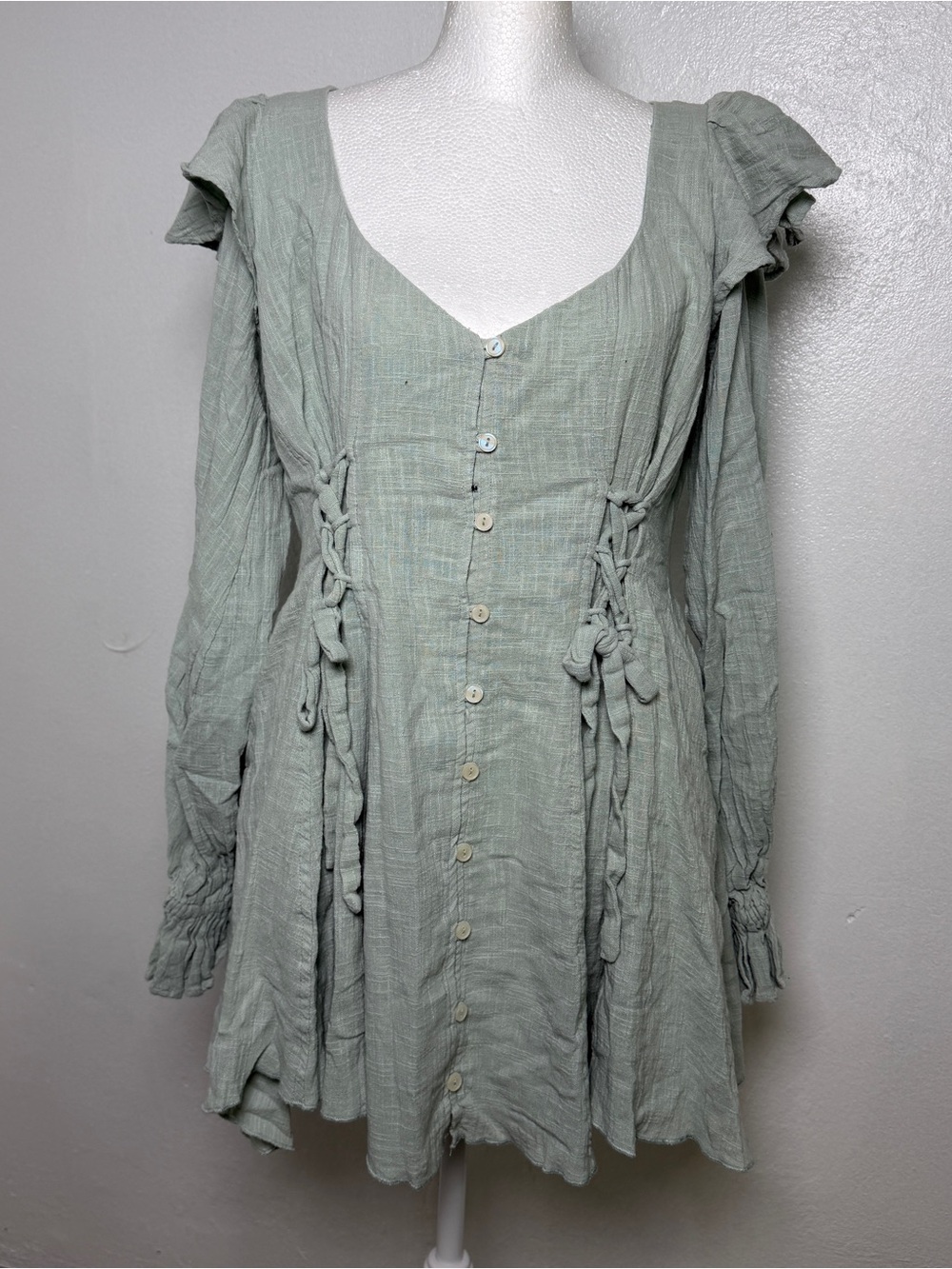 Free People "In The Mood For Frills" Mini Dress Lace Up Mermaid Green Women's S